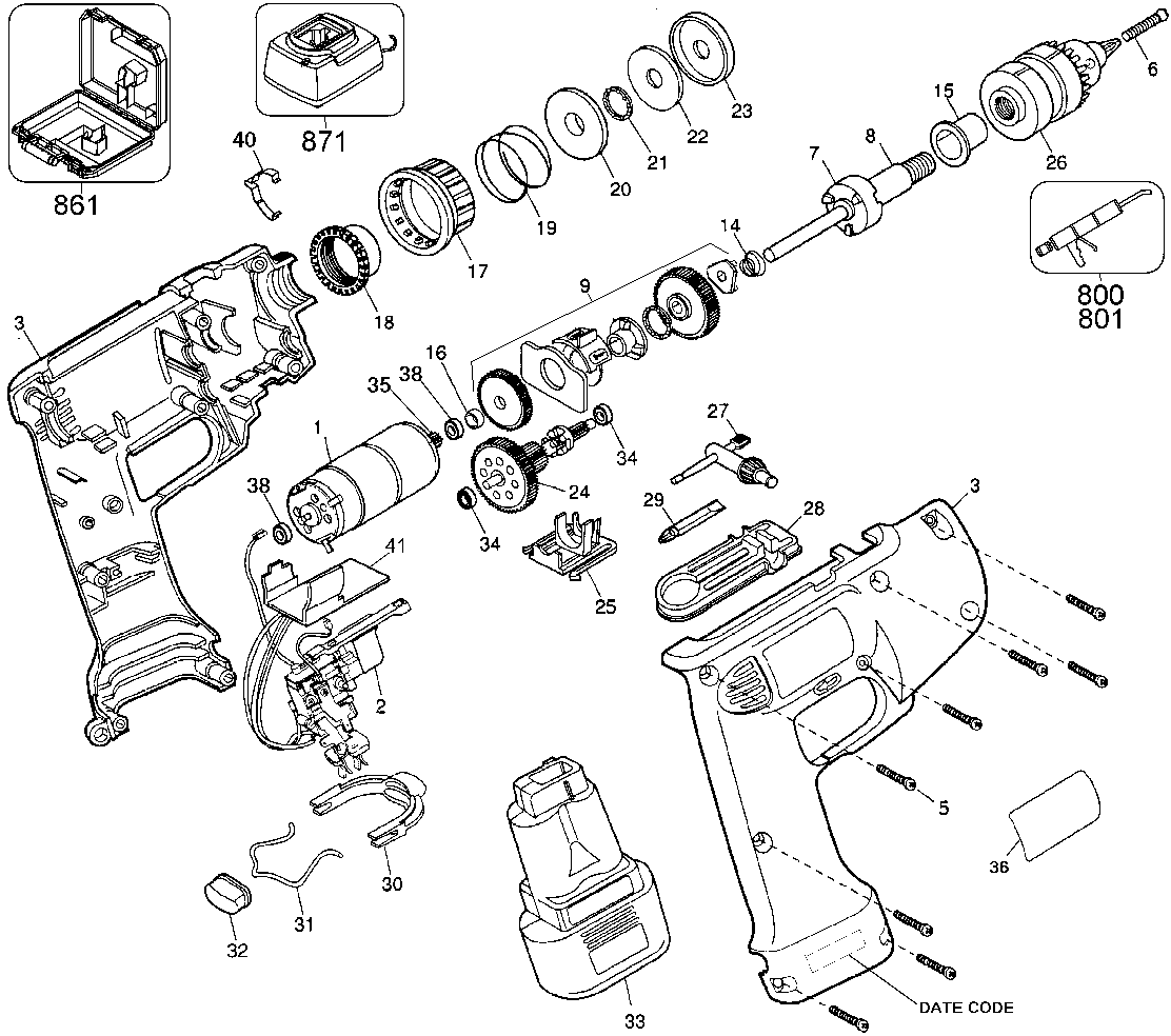 Default Diagram and Parts List for 1964K Type 2 Black and Decker Electric Drill